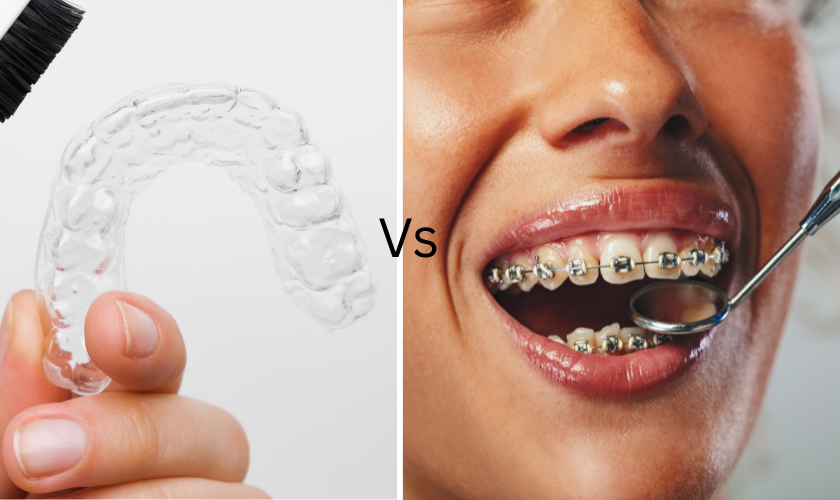 Image comparing professional adult using clear aligners and traditional braces in Moscow ID for a discreet smile improvement